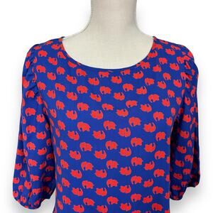 Everly Blue & Orange Blouse with Elephants Size Small